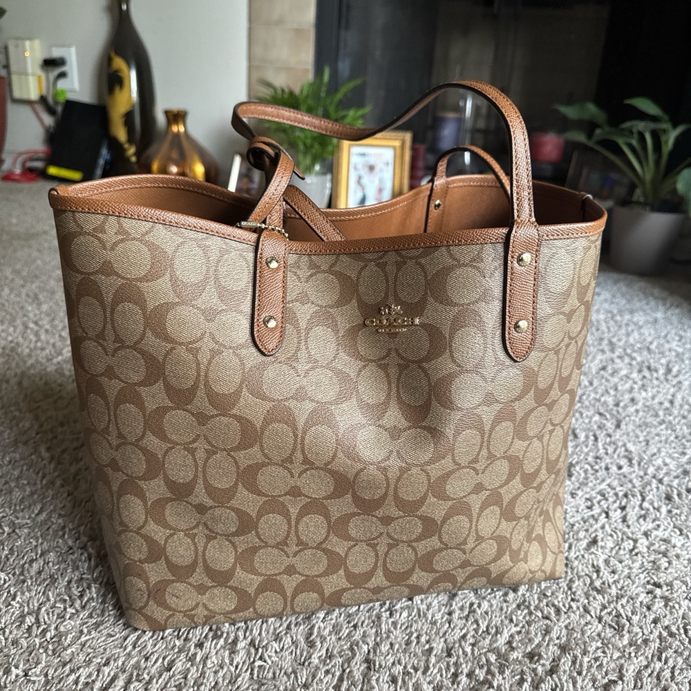 Coach Brown Monogram Tote with Leather Trim